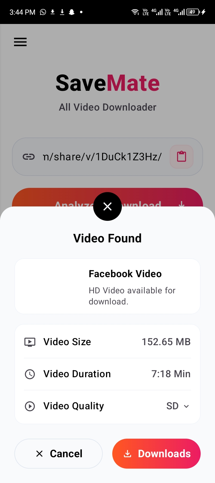 Video Found Popup sheet